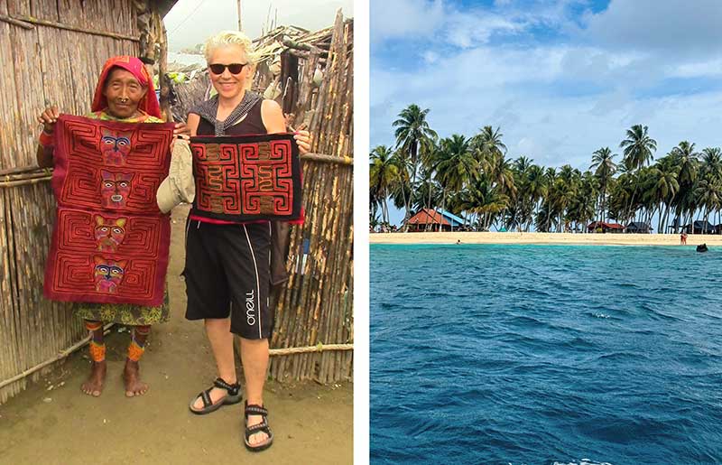Traveller with a member of the Guna people and a Mola textile art piece - places to visit in Panama