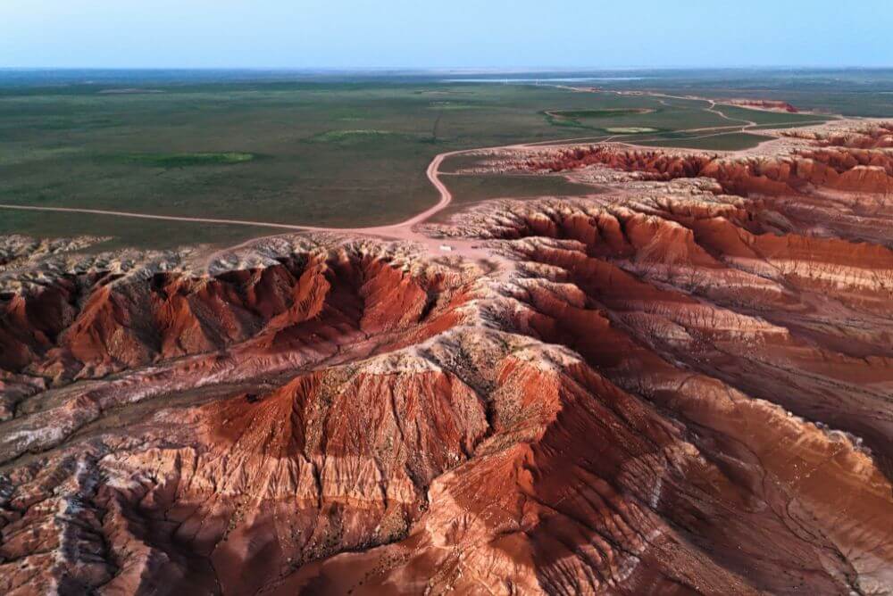 Aerial view over the red cliffs in Gobi, Mongolia