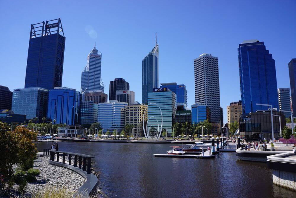 High rise buildings in front of a lake in Perth, Australia