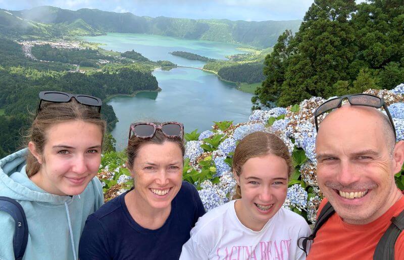 Family stood before the lakes in the Azores